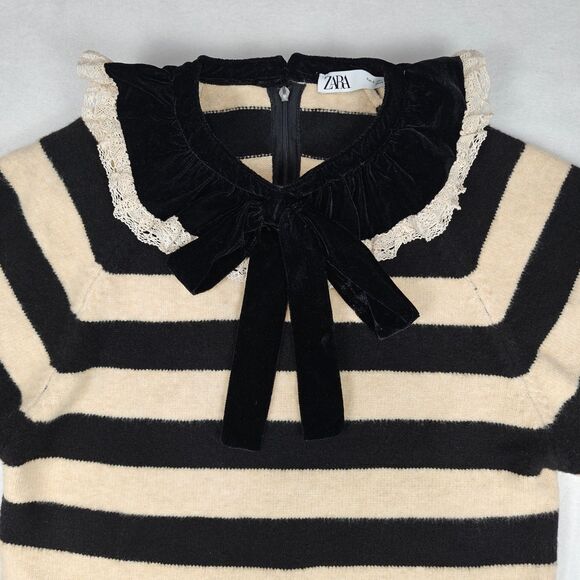 Zara Velvet Lace Ruffle Neck Striped Knit Sweater Size S Romantic Academia Twee - Picture 3 of 7